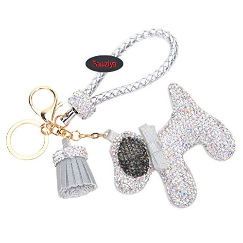 Fawziya Dog Keychain With Tassle Rhinestone Keychains- Silver