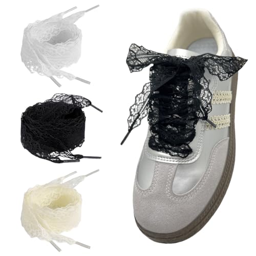 3 paires de Lacets Dentelle, Dentelle Style Ballet, Lacets Dentelle élastique, Style Girly Mignon, Lacet Peluche (Noir, Blanc et Beige)