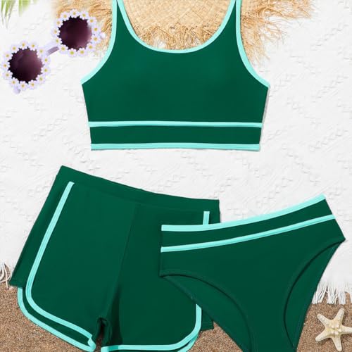 Image of Girls Swimsuits 3 Piece Bathing Suit Bikini Set with Sporty Shorts and Sunglasses Beach Swimwear for Girl 8-15 Years