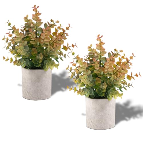 2 Pack Fall Small Fake Plants Eucalyptus Potted Fall Artificial Plants Fall Decorations for Home Shelf Office Bathroom Desk Farmhouse Room Coffee Table Decor Fall Christmas DecorYellow