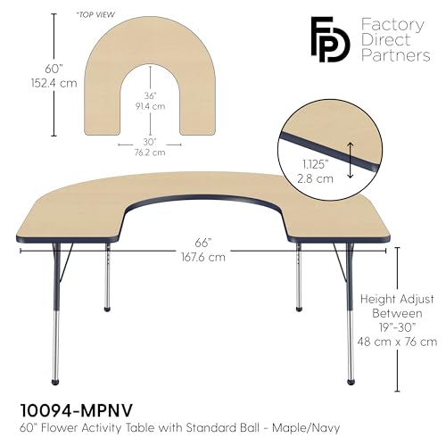 Image of FDP Horseshoe Activity School and Office Table (60 x 66 inch), Standard Legs with Ball Glides for Collaborative Seating Environments, Adjustable Height 19-30 inches - Maple Top and Navy Edge