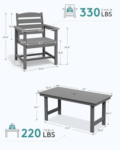 SERWALL 8-Pc HDPE Dining Set, 1 Table, 1 Umbrella & 6 Chairs, Gray - 3