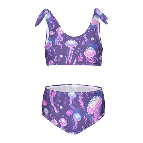 Purple Jellyfish Bioluminescent Disco Party Girl Two Piece Kids Bikini Set Beach Bathing Suit Swimming Suits Adjustable
