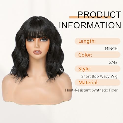 Image of AGO Natural Black Wigs with Bangs Short Bob Wig Shoulder Length Synthetic Hair for Women Girl Loose Wavy Wig Heat Resistant Fiber Hair for Daily Party Halloween Cosplay Use(2 /4#Black)