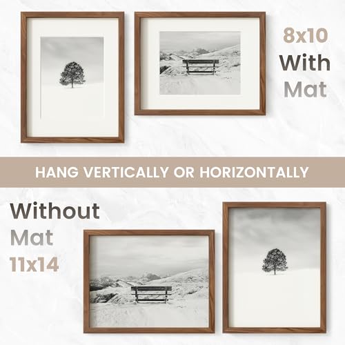 Image of 11x14 Picture Frame Set of 3, USA-Sourced Natural Walnut Wood Photo Collage Frame with HD Tempered Glass, Modern Simple 11 x 14 Wooden Frame Matted to 8x10, Vertical & Horizontal Wall Hanging Display