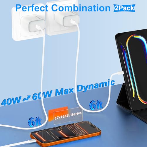Image of iPhone 17 Charger Fast Charging, 40W Dynamic Wall Charger with 60W Max,2Pack USB C Charging Block Power Adapter 6FT USB C Woven Cable Cord for iPhone 17 Pro Max /17 Air /16e /15 Plus,iPad Pro /Air /Mini