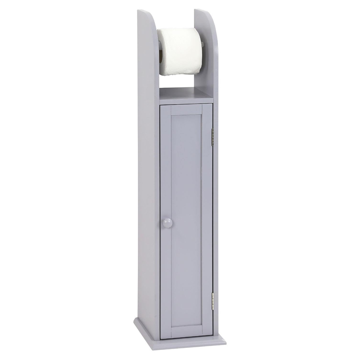 LIVHOME Wooden Free Standing Toilet Roll Holder Cabinet, Elegant Toilet Paper Holder Stand with Shelves, Slim Storage Unit for Bathroom Organization (Grey)