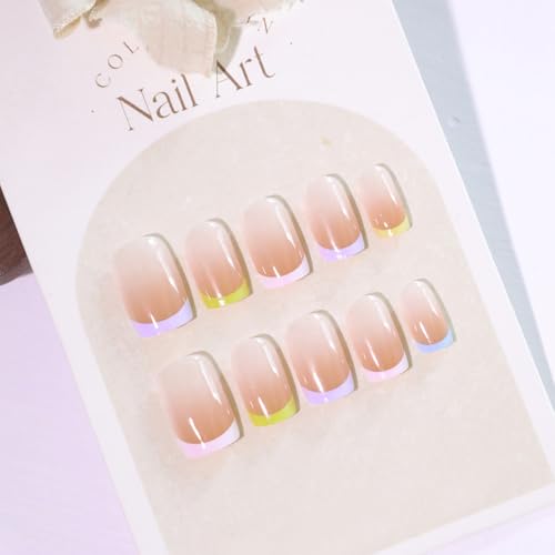 Image of Secret Lives Glossy Reusable Translucent Square Press-On Nails - Pink Blue Green Mauve & Yellow Ombre Color Tips 24-Pieces Artificial Nail Set with Kit | Easy to Use | Quick Fix