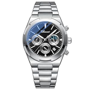 Fashion Business Men’s Watch with Date Luminous Moonphase Function Stainless Steel Strap Quartz Waterproof Analog Multi-Function Chronograph Wristwatch for Men