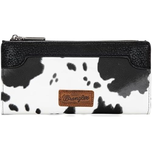 Montana West Wrangler Cow Print Bifold Wallet Women's Wallets, Card Cases & Money Organizers Women Credit Card Wallet for Ladies Female Cash Wallett Black Wallets with Smooth Zipper