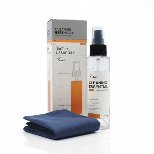 Image of Techie Essential Cleaning Kit Screen Cleaner Spray with 30x30 cm Microfiber Cloth for Laptop Phone Tablet Monitor and Glass, 120ml