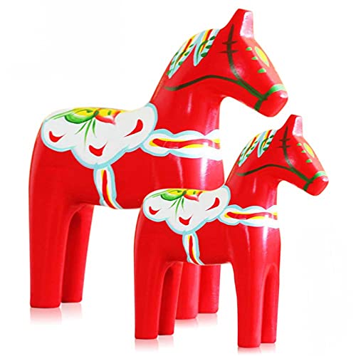 2 Piece Wooden Dala Horse Swedish National Style Wood Figures Statue Handicraft Sweden Style Dala Horse House Decoration (Red)