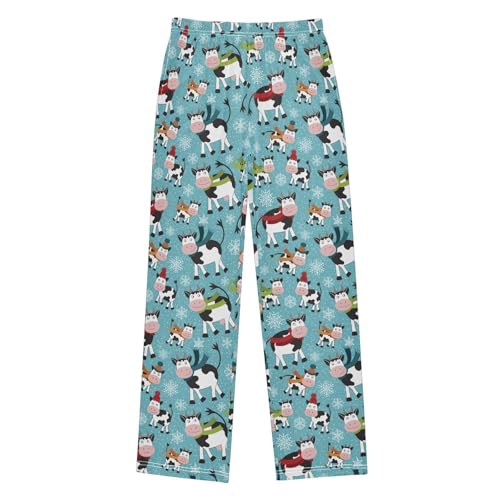 Winter Milk Cow Snowflake Boys Long Pants Soft Trousers Elastic Waist Kids Lounge Bottoms with Pockets S-XL