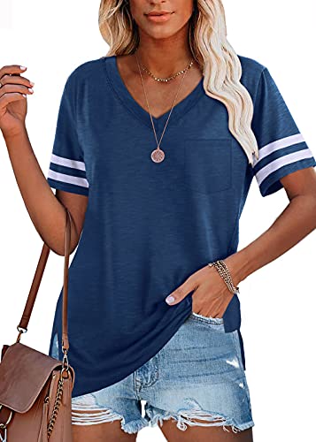 Lantch Damen T-Shirt Sommer Oberteile Kurzarm V-Ausschnitt Basic Tee Shirts Top Bluse(X-blau,L) Cover