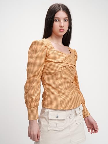 Image of Tokyo Talkies Women's Checked Sweetheart Neck Puff Sleeves Fitted Top | Chic & Feminine | Perfect for Dates, Outings & Casual Gatherings | Tops for Woman | Women Tops | Stylish Top