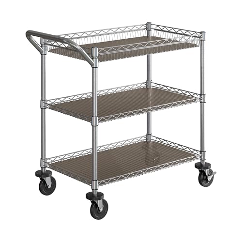 Image of Seville Classics UltraDurable NSF Commercial Heavy Duty Metal Rolling Utility Cart, w/ Steel Shelves, Handle Bar for Restaurant, Garage, Warehouse, Kitchen, Office, Top Basket 35.5"W x 20.25"D, Chrome