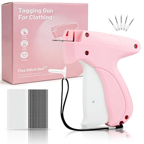 Image of Stitch Gun for Clothes - Handheld Stitch Gun Quick Clothing Fixer - Tagging Gun for Clothing, Sewing Kit-Includes 6 Needle, 1000 Black Fasteners & 1000 White Fasteners (Pink)