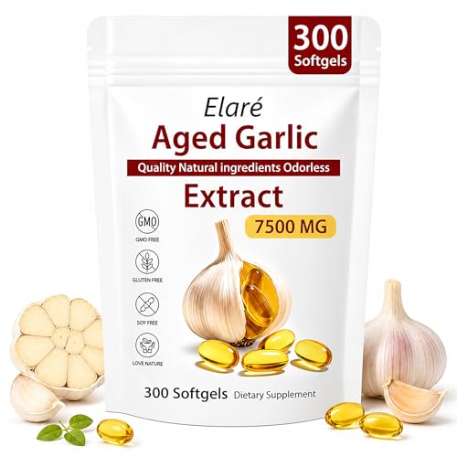 ELARE Premium Aged Garlic Extract Softgels 300 Count Odorless Garlic Supplements 2-Year Matured Formula for Heart Immune & Antioxidant Support Vegetarian Non-GMO