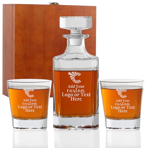 Personalized Whiskey Decanter Set, Engraved Liquor Decanter 25oz, Custom Whiskey Glass Set With Wood Gift Box Options, Whiskey Gifts for Men, Dad, Birthday, Retirement, Wedding (Custom Text & Logo)