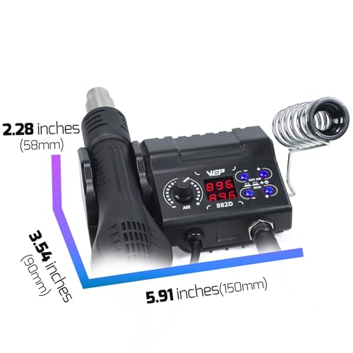 WEP 882D Soldering Iron Station 2-IN-1 SMD Hot Air Rework Station with 2 Spools of Solder Wire, 5 Soldering Tips, 3 Hot Air Nozzles, Brass Wool Tip Cleaner, Tweezers, Desoldering pump - Image 4