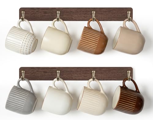 Mkono Wall Mug Holder Wooden Coffee Cup Hanger Rack with 8 Hooks Brown