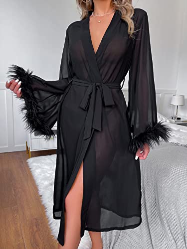 Shein Women's Mesh Belted Kimono Robe Sexy Cover Up Chemise Bride Bathrobe Sleepwear With Fur Cuff Black Large #TOP3