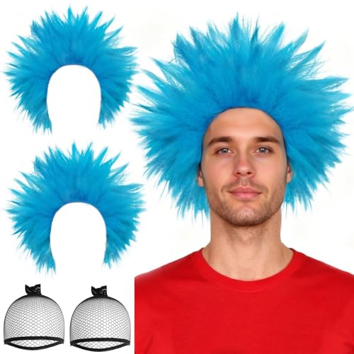 BESTBEL 2Pcs Blue Spiky Wigs for Men Short Blue Crazy Wig Anime Cosplay Wig