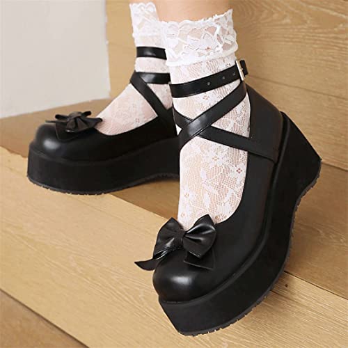 Betastella Women's Cute Platform Mary Janes Wedges Heels Round Toe Cross Ankle Strap Goth Pumps with Bow3
