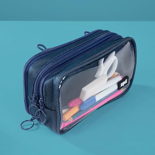 Image of ZIPIT Half & Half Pencil Case, 3 Compartment Zipper Pouch for School, Stationery Bag for Teen Girls Boys and Adults, Denim
