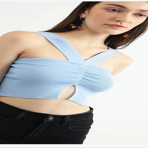 Image of Bedazzle Women's Ribbed Cutout Crop Top | Strappy V-Neck Ruched Sleeveless Tank | Sexy Stretchy Bodycon Club Wear for Party & Summer