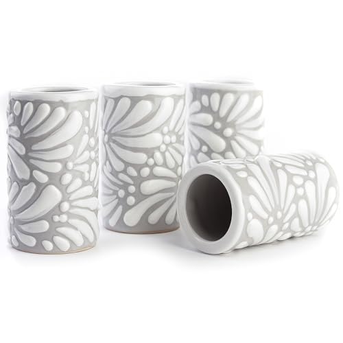 Image of Talavera Shot Glasses Set of 4 Authentic Mexican Tequila Shot Glasses - Hand-painted - 2 Oz (White Brushstroke Gray Background)