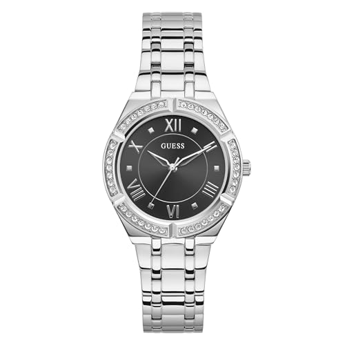 GUESS Montre pour femme de 36 mm - Cadran noir argenté - Boîtier argenté, Argenté, Cosmo