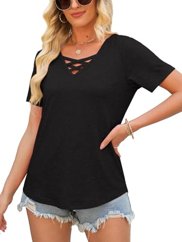 Heymiss Shirts For Women Short Sleeve Tshirts V Neck Loose Fit Tunic Casual Blouses Black thumb #2