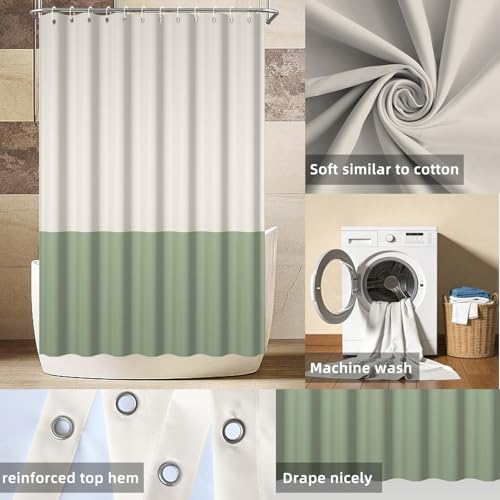 Yeele Beige Sage Green Color Block Shower Curtain, Minimalist Two Tone Geometric Shower Curtain Set, Waterproof Washable Fabric Bath Curtain with Hooks 72x78 Inch by Yeele - Used condition - Image 7
