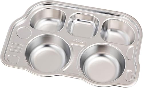 Image of Happy Hues Stainless Steel Divided Meal Plate Tray-5 Compartments Dinner Dish for Baby- Toddler- Kids Eating Food - Bus Shape