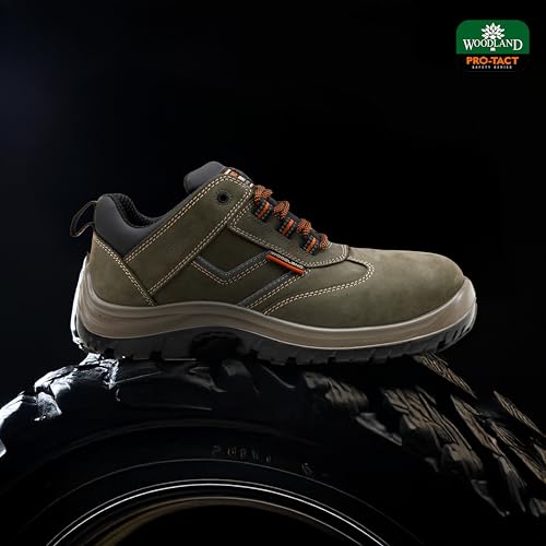 Image of Woodland Thunder Nubuck Leather Safety Shoes for Men | Oil Resistant Safety Shoe with Anti Slip Grip | Lightweight, Antistatic PU Double Density with Composite Toe | Olive Green (7 UK, 41 EU)