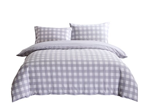 Exclusivo Mezcla Luxury Hotel Quality 3-Piece Double Brushed 1800 Series Microfiber Reversible Duvet Cover Set with 2 Pillow Shams - Full/Queen Size, Light Grey Plaid