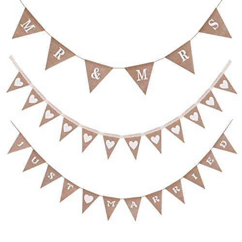 SUNNEY 3 Stück Hochzeitsdeko Wimpelkette Just Married Vintage Herz Hessischen Mr Mrs Jute Bunting Banner für Hochzeit Braut Verlobung Dekoration
