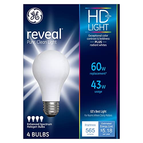 GE Lighting Reveal HD+ Light Bulbs, 43 Watt (60 Watt Equivalent) Pure, Clean Light, Enhanced Spectrum Halogen Bulbs, Medium Base (Pack of 4)