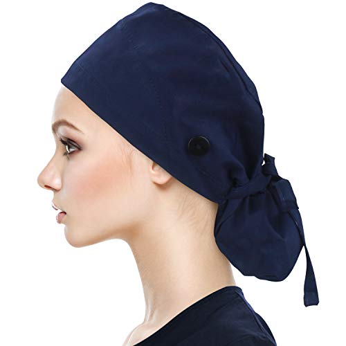 Image of QBA Adjustable Working Cap with Button, Satin-Lined Hat, Cotton Working Hat Sweatband, Elastic Tie Back Hats Unisex