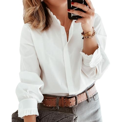 Women's White Solid Ruffle Trim Button Down Shirts Mock Neck Long Sleeve Tops 2025 Collared Office Work Blouses