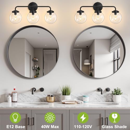 Image of Bathroom Vanity Light Fixtures Over Mirror, 22.4'' Modern Matte 3 Lights Wall Sconce Lighting with Transparent Glass Ball Shade, Mid Century Farmhouse Vanity Lights (Black)