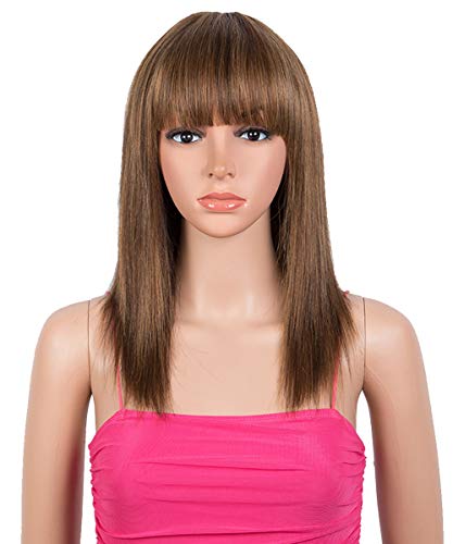 Rebecca Fashion Human Hair Wigs with Bangs Brazilian Virgin Straight Wigs for Black Women 130% Density Machine Made Wigs (Ombre Brown, 16 inch)