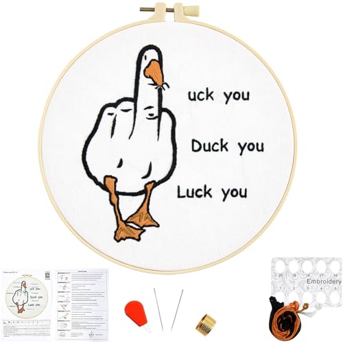 Image of Middle Finger Duck Embroidery Kits for Beginners Adults, Funny Embroidery Starter Kits, Counted Cross Stitch Kits for Beginners DIY Craft Kits for Adult Women, Embroidery Hoop, Thread & Video Tutorial