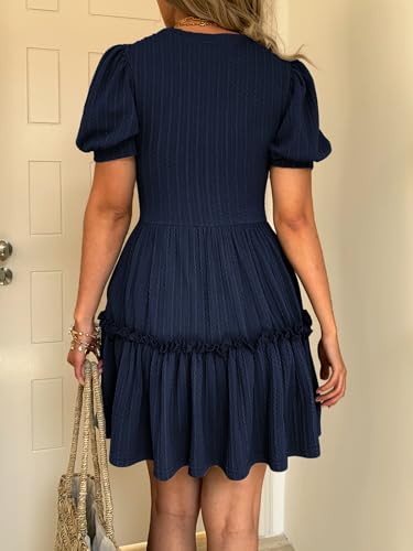 Image of Mieazom Women's Puff Sleeve Ruffle Dress, Brown Cotton Blend Mini Dress with Pockets, Elastic Waist & Flowy Fit