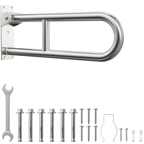 Toilet Grab Bar Bathroom Safety Handrail Wall Mounted 304 Stainless Steel Flip Up Folding Support Rail for Elderly Seniors and Handicap Assistance (24 Inch)