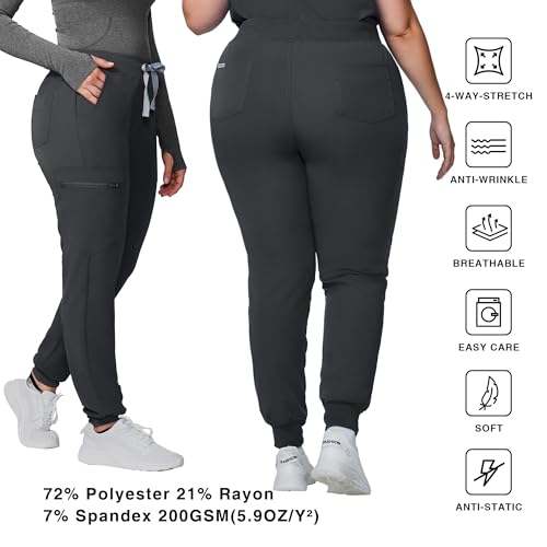 Image of Kitmaz Scrub Pants for Women - Mid Rise 4-Way Stretch Anti-Wrinkle Slim Fit Jogger Pants, Drawstring & 5 Pockets