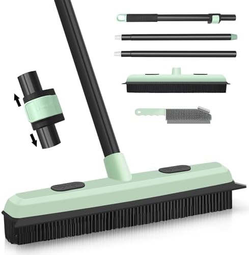 DALIPER Pet Hair Removal Broom with Squeegee 58‘’ inches Long Handle Carpet Rake, Rubber Push Fur Broom, Carpet Squeegee with Detailing Lint Brush