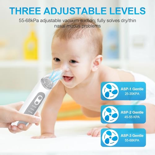 ONGNIUU Aspirador nasal elétrico para bebés com música e 3 níveis de sucção, 3 bicos de silicone, portátil e recarregável USB-C, para limpeza diária suave e rápida