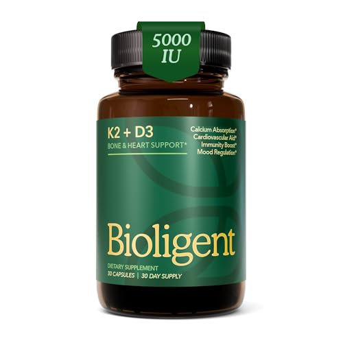 BIOLIGENT Vitamin D3 K2 Supplement 5000 IU, K2 D3 Vitamin Capsules, Vegan, Non-GMO, Gluten Free, 30...